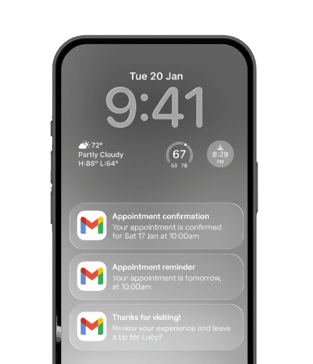 Confirmation, reminder, and review notifications on a client's phone